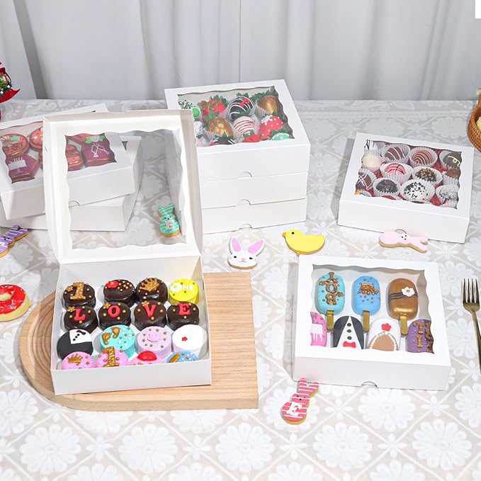 50pcs 8x8x2 Inch White Bakery Boxes with Window - Perfect for Cookies, Chocolate Covered Strawberries, Pretzels, Cakesicles & More