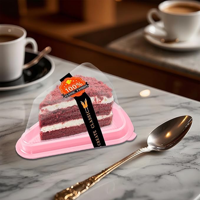 Cake Slice Container, 50 Pack Clear Plastic Cake Containers Cheesecake Container Pie Slice Box, Individual Pie Slice Box Disposable Cheesecake Containers For Pies Snack Dessert (Pink)