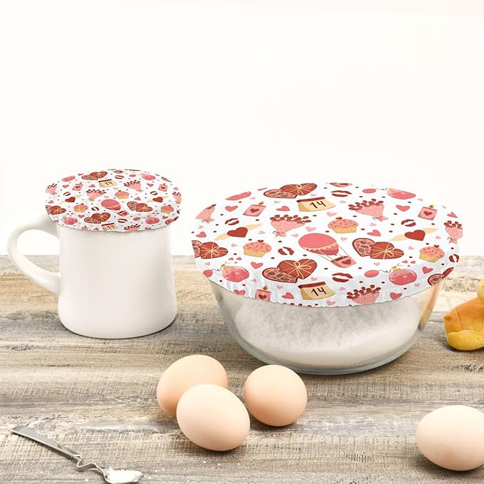 5 Pcs Bowl Covers Reusable in 5 Size Elastic Food Cover Cloth Lids Fresh Keeping Dish Cookware Bakeware Fabric Covers Lids for Food Leftovers Fruits Storage Valentine Romantic Love Flowers