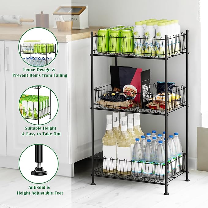 Water Bottle Organizer 3 Tier Water Bottle Holder Storage Rack Metal Drink Beverage Soda Can Organizer Shelf Stand for Floor Pantry Kitchen Classroom Food Storage, Black