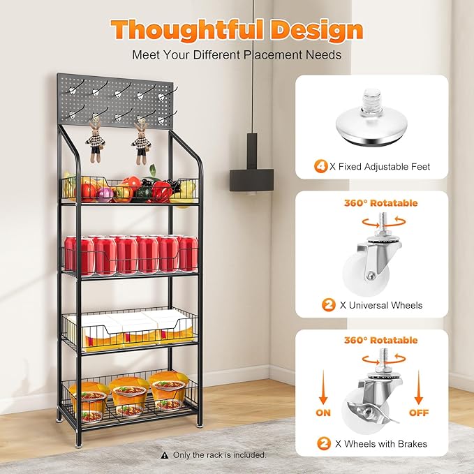 Retail Display Rack 4-Tier Market Merchandise Display Shelf with Wheels and 10 Hooks Metal Display Snack Metal Wire Shelving Movie Theater Candy Rack with Wheels for Home Store Market