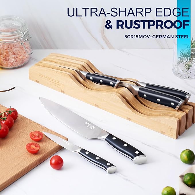 6Pcs Kitchen Knife Set with In-Drawer Bamboo Knife Organizer- 3.5-8 Inch Set Kitchen Knives German High Carbon Stainless Steel Sharp Knife, Knives Set for Kitchen with Ergonomic Handle