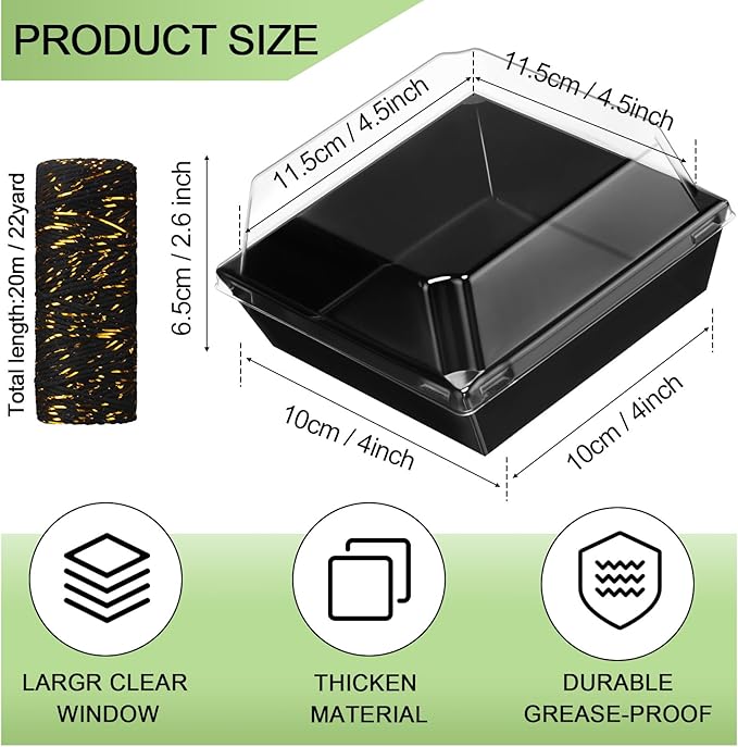 Ctosree 100 Pcs Paper Charcuterie Boxes with Clear Lids 4.5 Inches Disposable Cake Square Dessert Container Bakery Boxes Bundle with Rope for Food Cake Slice Cookie Sandwich Dessert(Black)