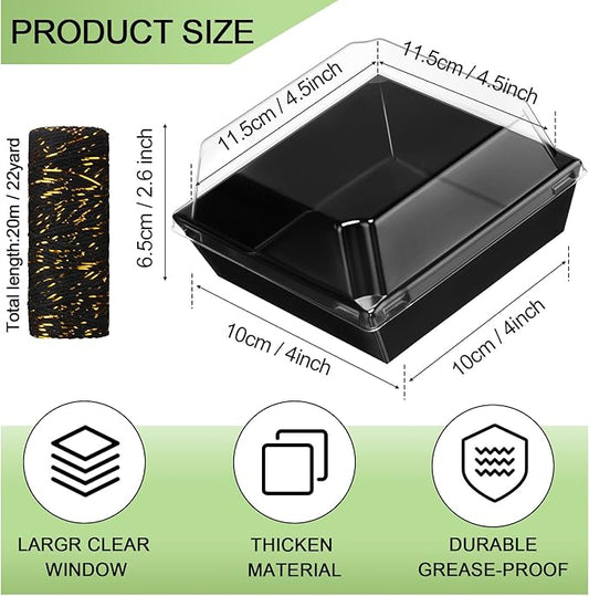 Ctosree 100 Pcs Paper Charcuterie Boxes with Clear Lids 4.5 Inches Disposable Cake Square Dessert Container Bakery Boxes Bundle with Rope for Food Cake Slice Cookie Sandwich Dessert(Black)