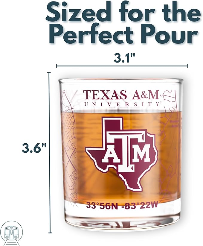 Greenline Goods – University of Texas A&M Aggies College Whiskey Glasses (Set of 2), 10 oz – Full-Color Logo + Campus Map