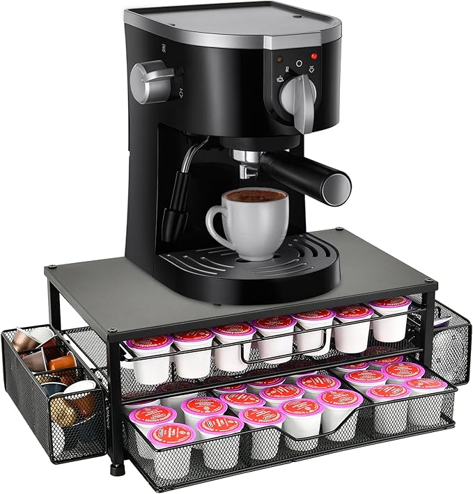 Spacrea K Cup Holder Organizer- Coffee Pod Holder for Counter with 2 Tier Sliding Storage Drawer, Coffee Station Bar Accessories Holder, 63 Large or 80 Small Capsules, Home Kitchen (Black)
