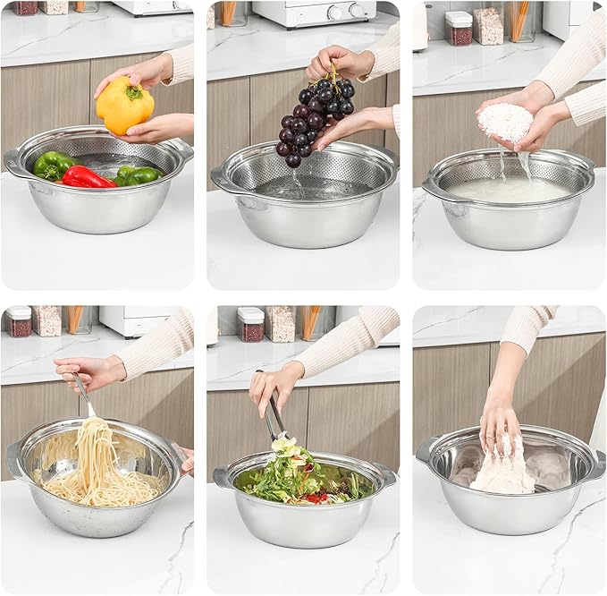 304 Stainless Steel Microporous Colander with Handle, Rice Washers Microporous Strainer Set For washing vegetables, fruits and rice, and draining cooked pasta.