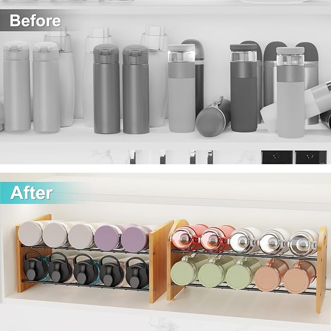 4 Tier Water Bottle Organizer, Stackable Bamboo Water Bottle Holder, Water Bottle Storage Rack Tumbler Travel Mug Cup Organizer for Kitchen Cabinet Countertop Pantry (Black)