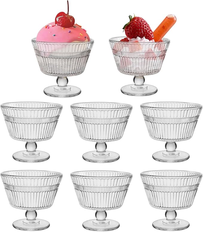 Vintage Glass Dessert Bowls, Dessert cups Set of 8, 9 oz Sundae Cups for Ice Cream, Fruit, Pudding, small snacks, Yogurt, and Appetizers (8)