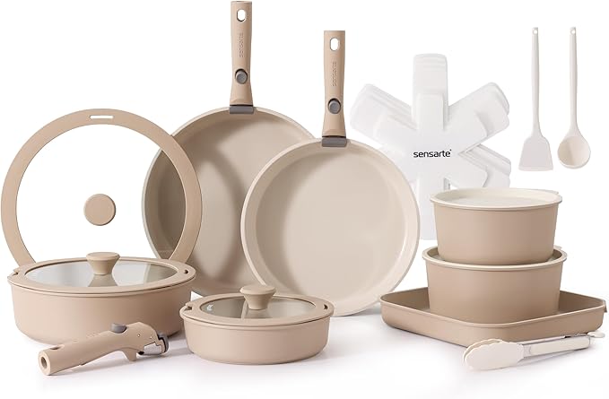 SENSARTE 24 Piece Ceramic Pots and Pans Set, Nonstick Detachable Handle Cookware, Induction Cookware Set with Removable Handle, Healthy Non Stick for RV, Dishwasher＆Oven Safe, PFOA Free (Almond Beige)