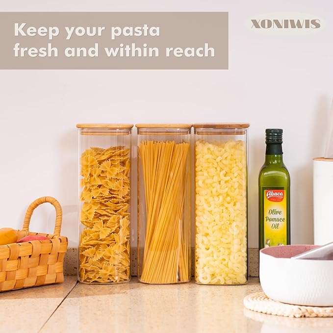 73oz 3PCS Sqaure Spaghetti Pasta Storage Containers with Lids, Pantry Containers Tall Glass Tight Food Storage Jars with Lids for Penne, Macaroni, Lasagna, Fusilli, Cereal, Flour, Sugar, Oats
