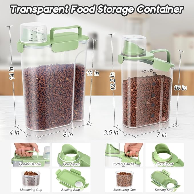 3+5LBS 2Pack Cat Dog Food Storage Container Upgraded Large Nozzle BPA-free, Plastic Pet Food Containers, With 4 Sealed Clasps/1 Measuring Cup/Handle Easy Clean and Carry (Green)