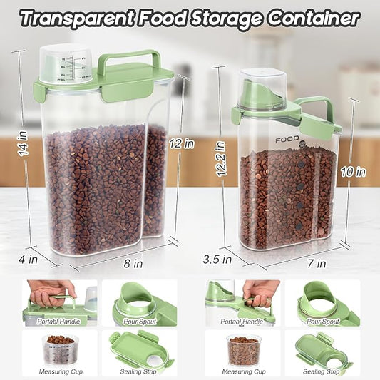 3+5LBS 2Pack Cat Dog Food Storage Container Upgraded Large Nozzle BPA-free, Plastic Pet Food Containers, With 4 Sealed Clasps/1 Measuring Cup/Handle Easy Clean and Carry (Green)