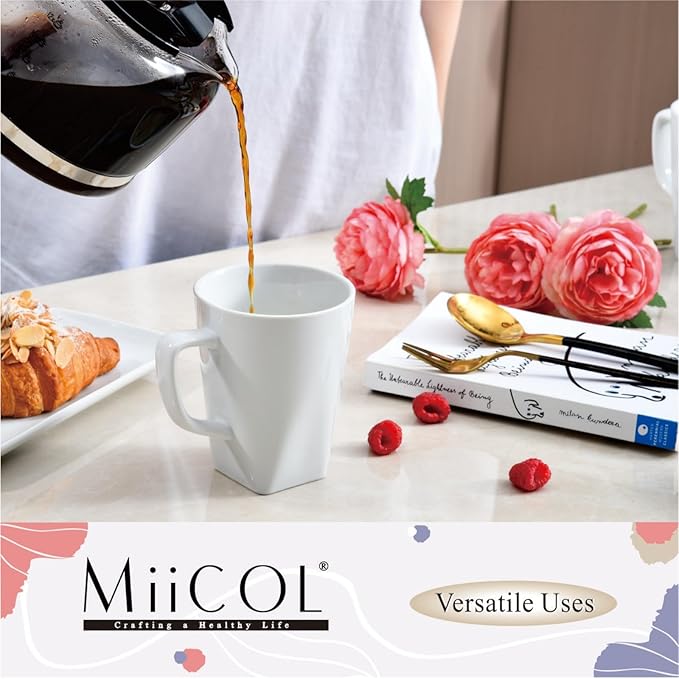 Miicol Porcelain Coffee Mugs Set of 6, Large Coffee Cups 14 oz, White Tea Cups, Ceramic Mugs for Latte, Cappuccino, Milk, Cocoa, Square Bottom, Microwave & Dishwasher Safe