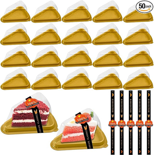 Cake Slice Container, 50 Pack Clear Plastic Cake Containers Cheesecake Container Pie Slice Box, Individual Pie Slice Box Disposable Cheesecake Containers For Pies Snack Dessert (Gold)