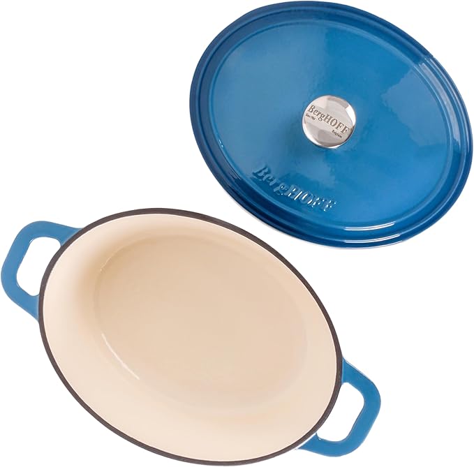 BergHOFF 10Pc Neo Enameled Cast Iron Cookware Set, Matching Lid, Oven Safe Up To 400°F, Blue