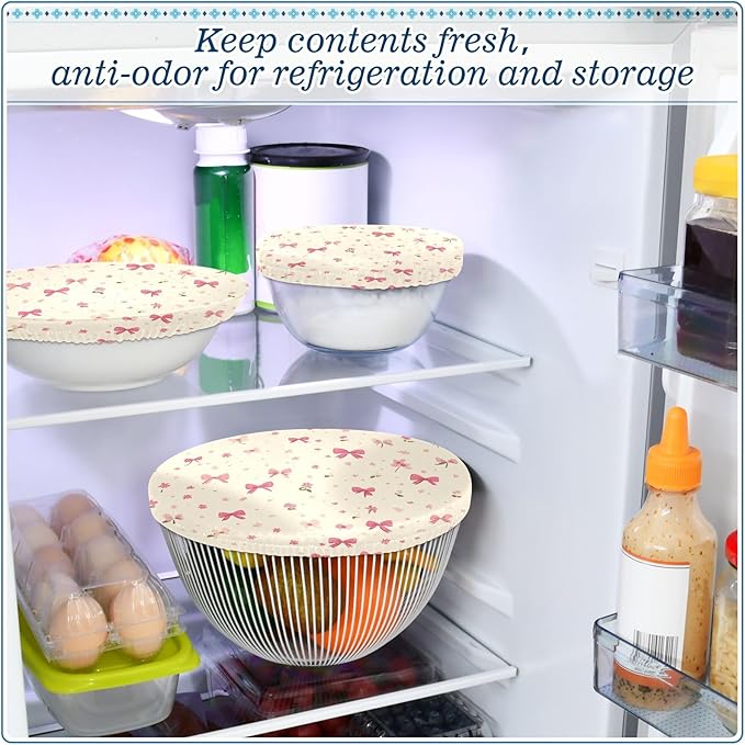 5 Pcs Bowl Covers Reusable in 5 Size Elastic Food Cover Cloth Lids Fresh Keeping Dish Cookware Bakeware Fabric Covers Lids for Food Leftovers Fruits Storage Beige Flower Pink Bows