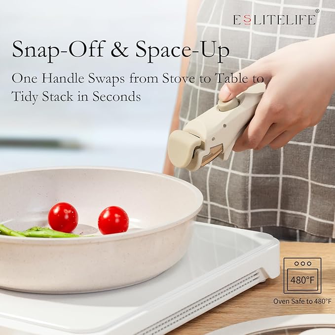 ESLITE LIFE Nonstick Cookware Sets with Detachable Handle,Ceramic Coating Pots and Pans Set Kitchen Cooking Set, Compatible with All Stovetops, PTFE & PFOA Free, White, 10 Pcs Set