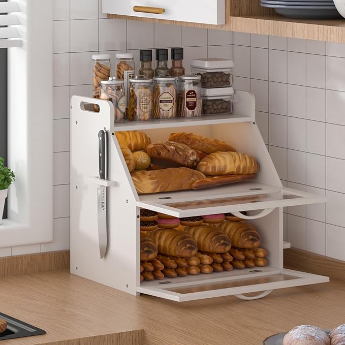 Bread Box, Bread Box for Kitchen Countertop, Large Bread Storage Container for Homemade Bread, Wooden Farmhouse Breadbox Organizers, Double Layer Bread Bin with Acrylic Window Bread Holder,White
