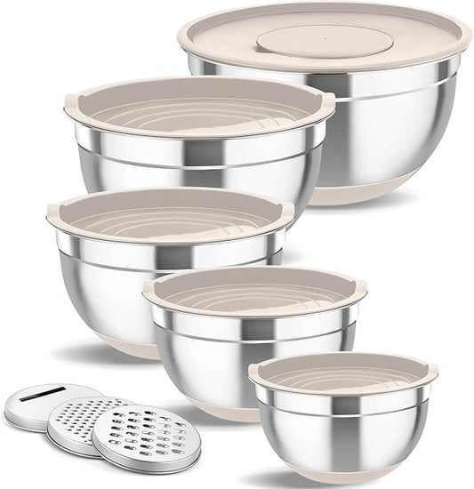 TeamFar Mixing Bowls, 5PCS Stainless Steel Nesting Salad Bowl with Lid & 3 Grater Attachments, for Prepping/Serving/Storing Food, Nontoxic, Airtight Lid & Non-slip Bottom - 4.6/3.5/2.5/1.5/1 QT