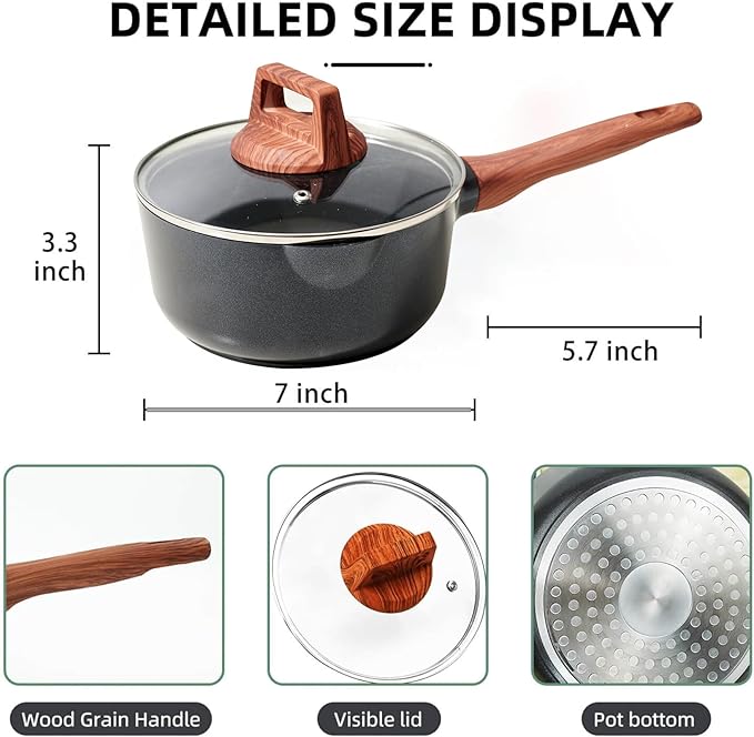 3-Piece Granite Non-Stick Cookware Set - 9.5" Frying Pan, Skillet, 7" Sauce Pan with Lid - PFOA Free