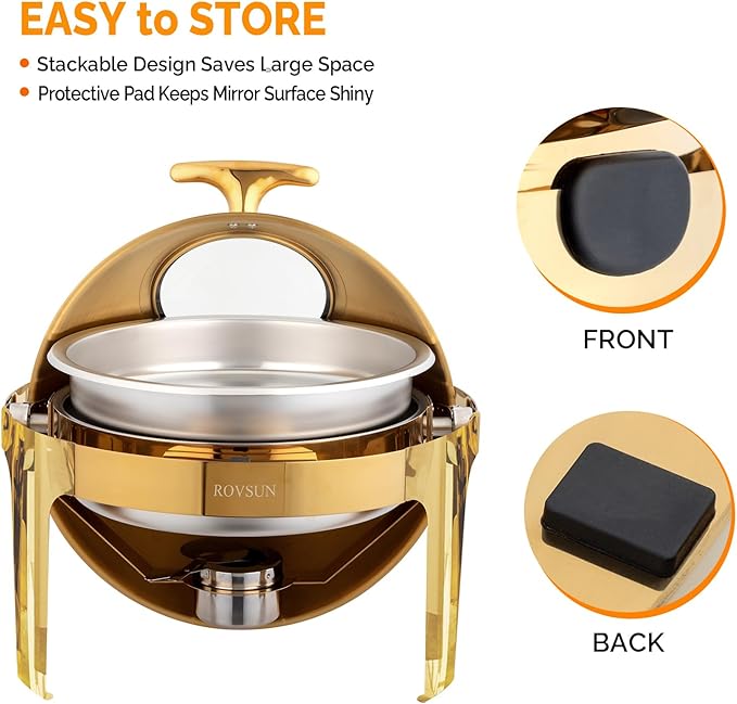 ROVSUN 6 QT Round Chafing Dish Buffet Set, Roll Top NSF Stainless Steel Buffet Warmer Chafers and Buffet Warmers Sets with Thick Frame for Catering Events Parties Weddings Dinners,Gold