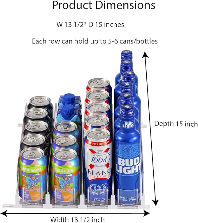 RULA Drink Organizer for Fridge, Self-Pushing Soda Can Dispenser for Refrigerator, Width Adjustable Water Bottle Pusher Glide - Holds up to 20 Cans (15" D, 4 Rows)