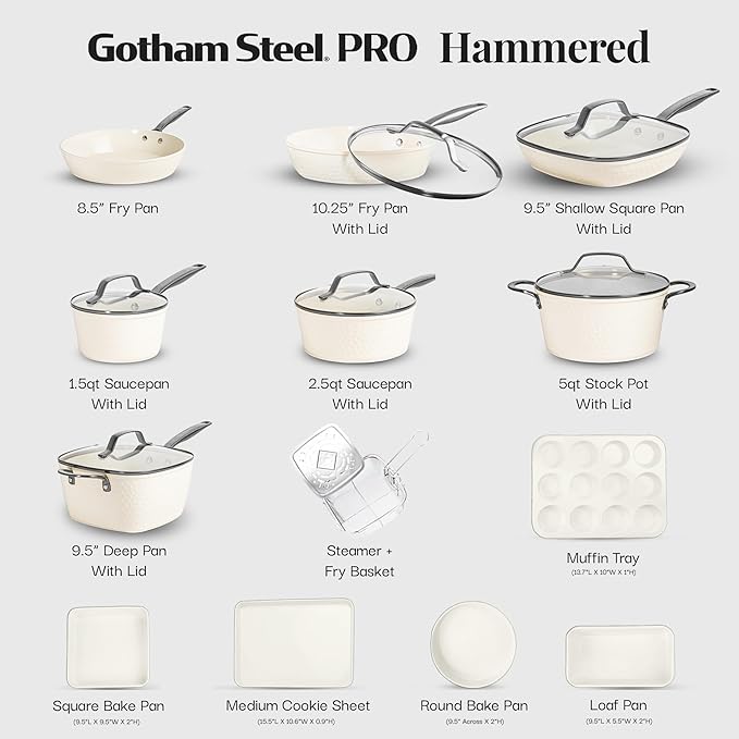 GOTHAM STEEL Hammered 20Pcs Ceramic Cookware Set Nonstick, Induction Pots and Pans Set Non Stick with Deep Fry Pan, Steamer, and Bakeware, Non Toxic PFOA PFOS Free, Oven & Dishwasher Safe