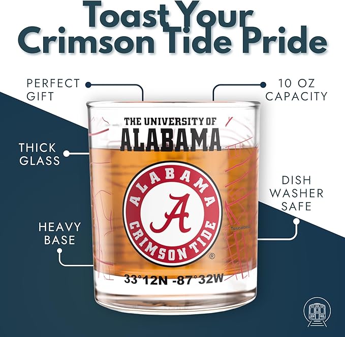Greenline Goods – University of Alabama Crimson Tide College Whiskey Glasses (Set of 2), 10 oz – Full-Color Logo + Campus Map