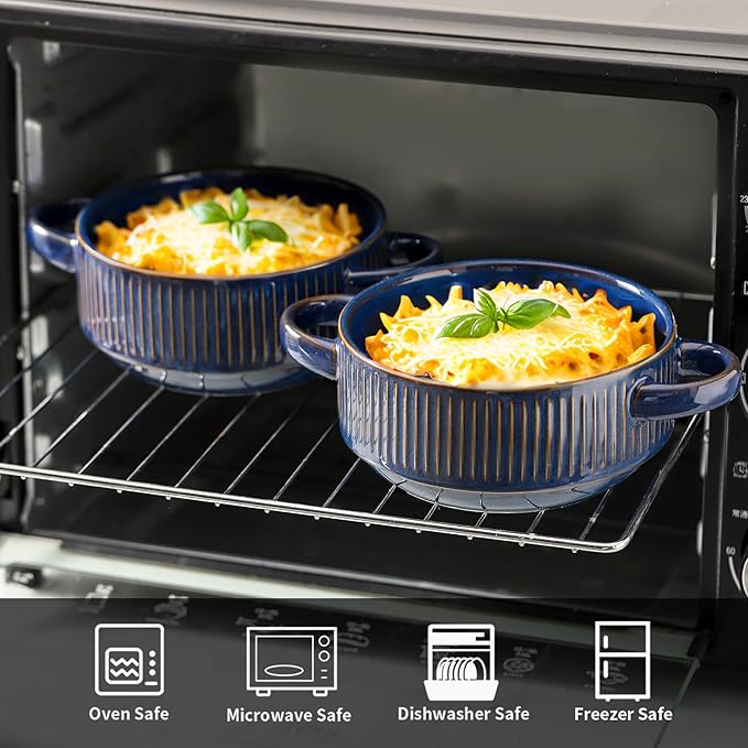 Soup Bowls with Handles, 20 oz French Onion Soup Crocks, Stackable Soup Bowl Oven Safe for Chili, Beef Stew, Embossment Ceramic Bowl Set - 5.4 Inch, Set of 4，Blue