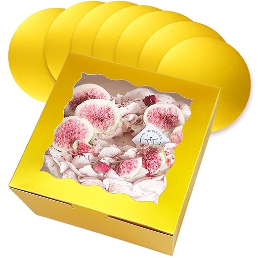 qiqee 10x10x5 Cake Box, 18 Sets Gold Cake Box with Window ＆ 18 Sets 10" Gold Cake Round Boards, 10inch Cake Containers