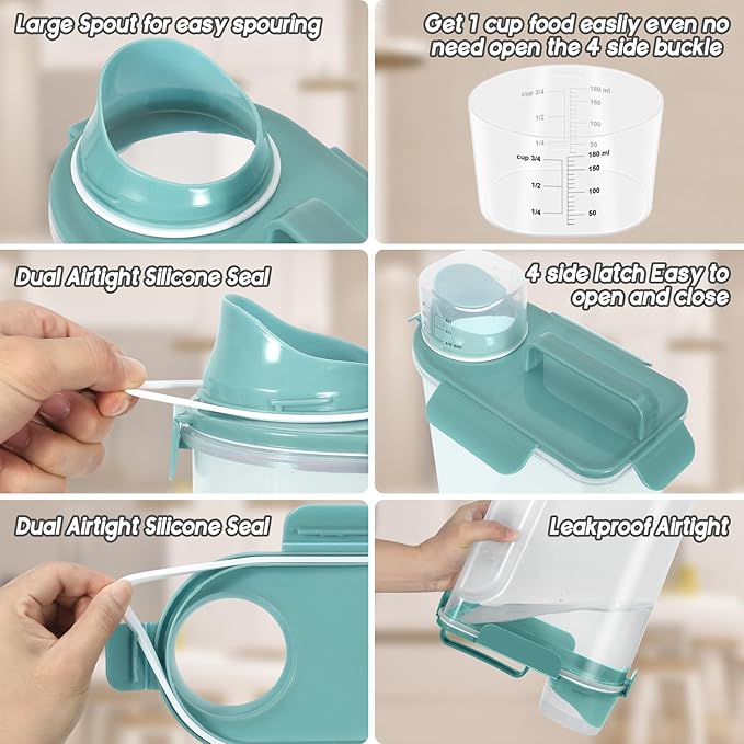 5-7Lbs Dog Cat Food Storage Container with Upgraded Large Nozzle BPA-free, 4 Snap Seals Plastic Pet Food Storage Containers with Handles (1, Elegant Blue, 5L)