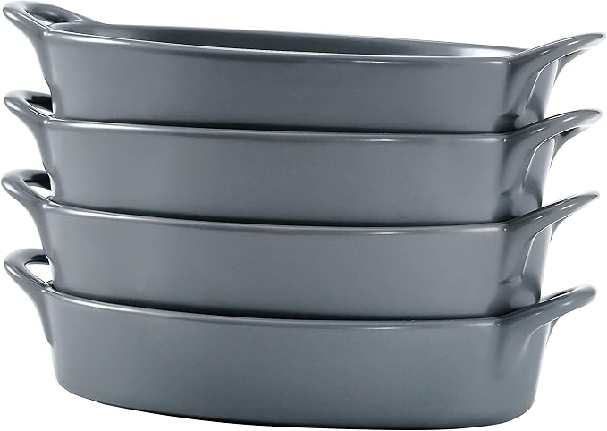 Bruntmor 8" x 5" Oval Porcelain Ceramic Deep Dish Pie Pan Set of 4, Double Handle Au Gratin Baking Dishes, Oven Safe Roasting Lasagna Pan For kitchen- Gray