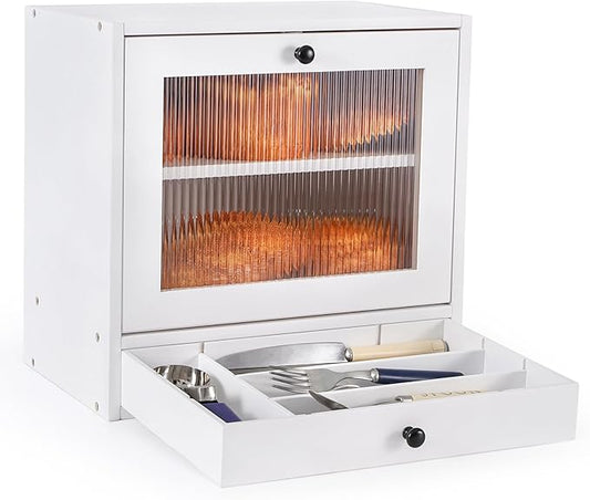 Sunhoo Bread Box for Kitchen Countertop Bin 2 Layer Wooden Bread Storage Breadbox Holder Large Capacity Container Bread Organizer Farmhouse Keeper Shelf with Drawer Acrylic Window (White