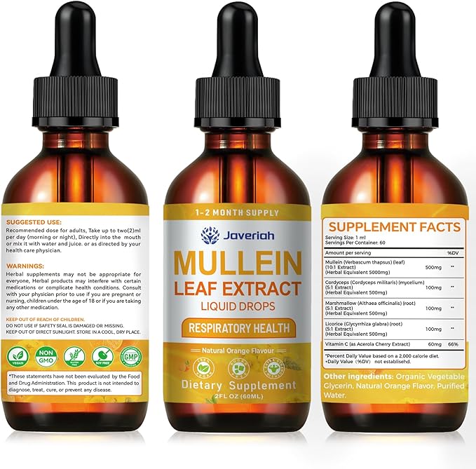 Mullein Drops for lungs Cleanse - Cordyceps, marshmallow root & Licorice Root Extract, Respiratory Herbal Supplement with Mullein Leaf extract for Immune Support & Bronchial Cleanse, 4 Fl Oz 2 Pack