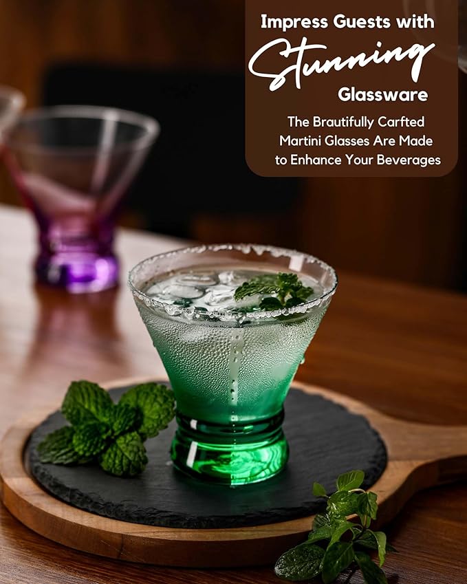 ColoVie Martini Glasses Set of 6 - Cocktail Glasses - 8oz Stemless Margarita, Bar, Dessert Glass - Colored Liquor Drinking Glassware - Cosmo, Manhattan, Espresso Martini - Cocktail Party Gift for Her