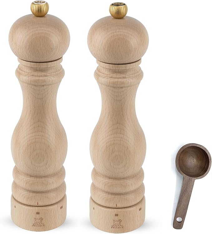 Peugeot Paris u'Select 6 Setting Manual beechwood Salt & Pepper Mill Set With Wooden Spice Scoop Made In France (Natural, 9- Inch)