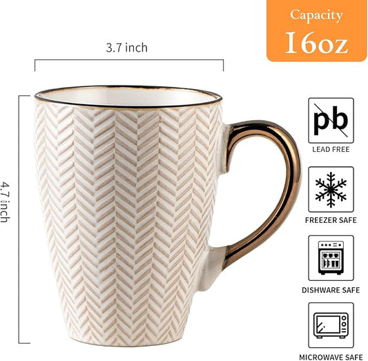 Ceramic Coffee Mug Set - 16 Oz Large Coffee Mugs - Embossed Stoneware Cups with Handle for Latte Tea Cappuccino Cocoa - Microwave Dishwasher Safe - Set of 4 - White