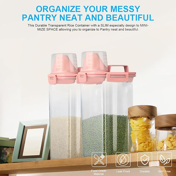 Rice Airtight Dry Food Storage Containers, BPA Free Plastic Storage Bin Dispenser with Pourable Spout, Measuring cup for Cereal, Flour and Baking Supplies, Include a Stainless Steel Whisk