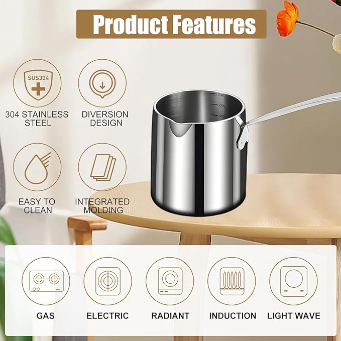 Stainless Steel Butter Warmer Pot with Scale Marks - 450ml/15.2oz Milk Heating Pot for Chocolate, Coffee, Tea - Multi-Layer Melting for Kitchen, Stovetop Safe(450ML)