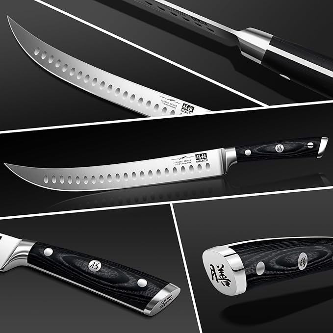 SHAN ZU 12" Slicing Knife - Brisket Slicing Meat Carving Knife Professional German 1.4116 Stainless Steel Razor Sharp Blade, Ergonomic Wood Handle & Full Tang Design, Gift Box Included