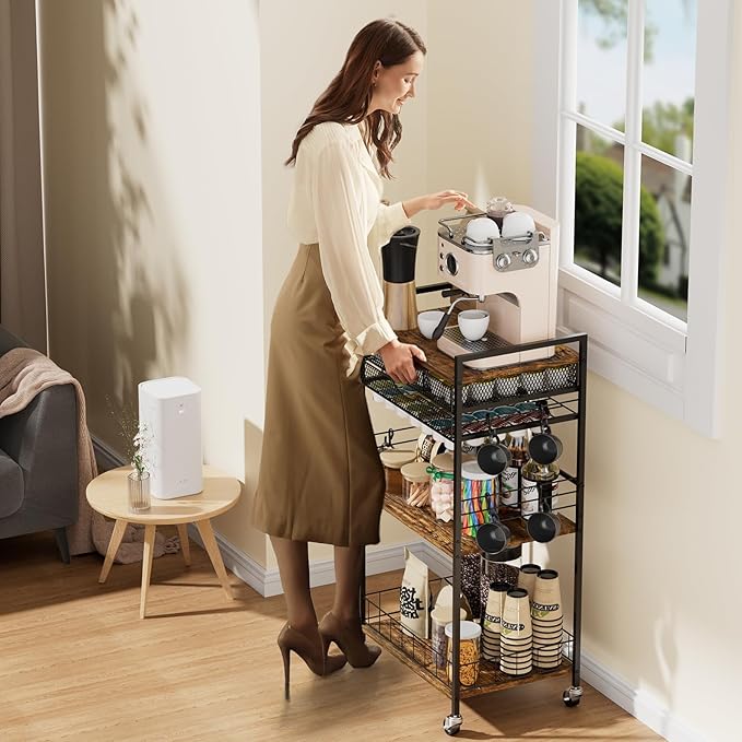 Coffee Bar Station with Storage Drawer - 5 Tier Coffee Table Countertop Organizer for K Cups, Tea Bags, Sugar Storage and Kitchen Cabinets (Brown)