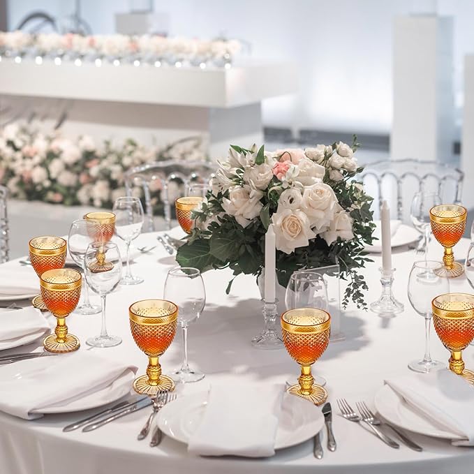 Bokon 12 Pack Amber Glass Goblets Set 10 oz High Clear Wine Glass Vintage Water Goblets Cups Embossed Diamond Design Glassware with Stem for Drinking Juice Liquor Party Wedding Bar