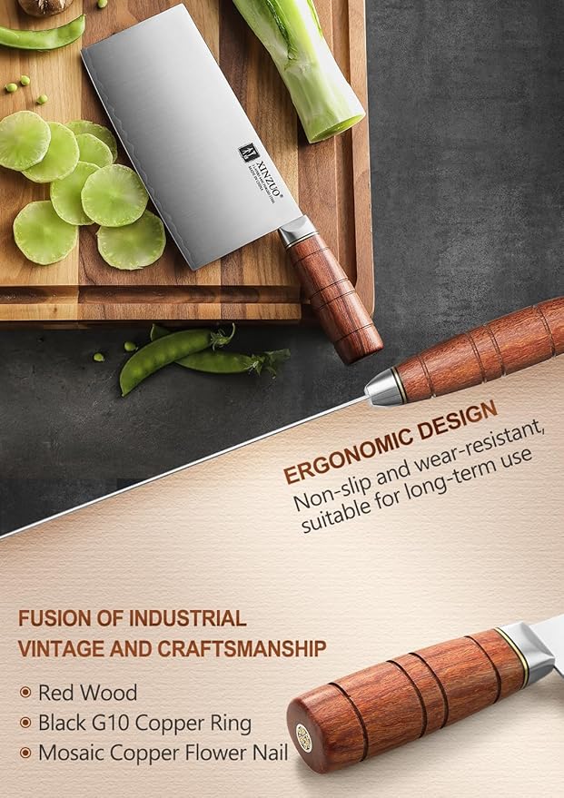 XINZUO 7.4 Inch Professional Chinese Chef Knife,Razor-Sharp Composite Stainless Steel Cleaver Kitchen Knife For Cutting Meat，Vegetable With Red Wood Handle