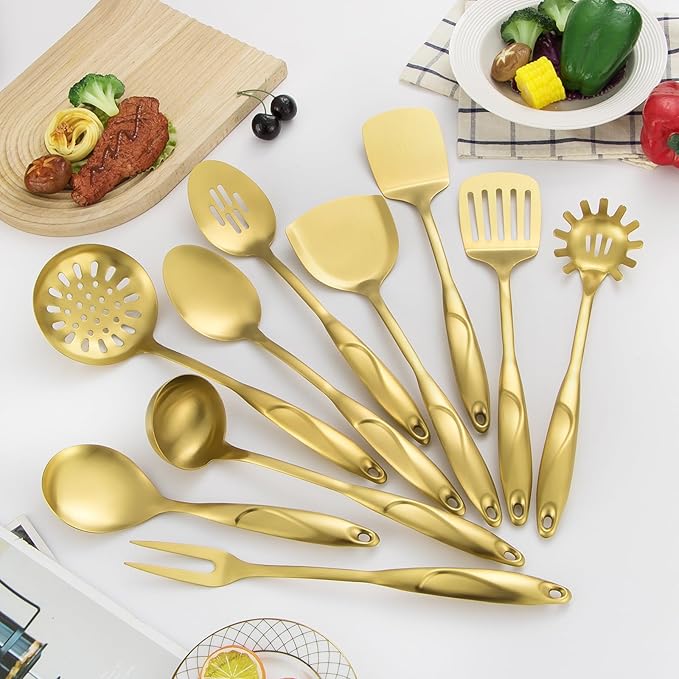 304 Stainlss Steel Kitchen Utensils Set, 10 Pcs Metal Cooking Utensil, Matte Kitchen Gadget Cookware and Kitchen Tool Set, Dishwasher Safe(Gold)