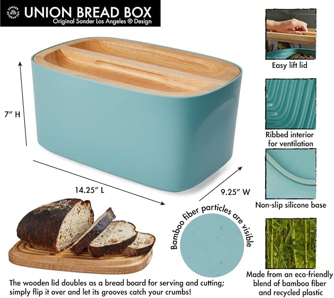 Sonder Los Angeles, Modern Bamboo Fiber and Recycled Plastic Bread Box (Blue Green) for Kitchen Countertop with Reversible Bread Board Wood Lid 14.25 x 9.25 x 7 in