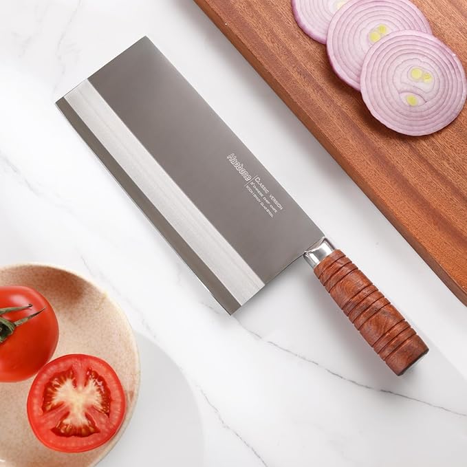 Chinese Cleaver Knife 8 Inch Professional Meat Cleaver Chefs Knife 90Cr18MoV Clad Steel Vegetable Knife Non-stick Rosewood Handle for Homes Restaurants Caidao