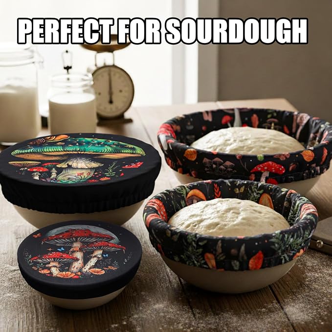 Patelai 10 Pcs Bowl Covers Reusable in 5 Size Stretch Cloth Fabric Elastic Food Storage Bowl Covers Bread Sourdough Lids for Proofing Food Fruits Leftover(Mushroom Style)