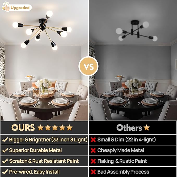 Modern Sputnik Chandelier - 8-Lights Farmhouse Ceiling Lights Fixture Black and Gold Semi Flush Mount Ceiling Light for Living Room Bedroom Hallway Entryway