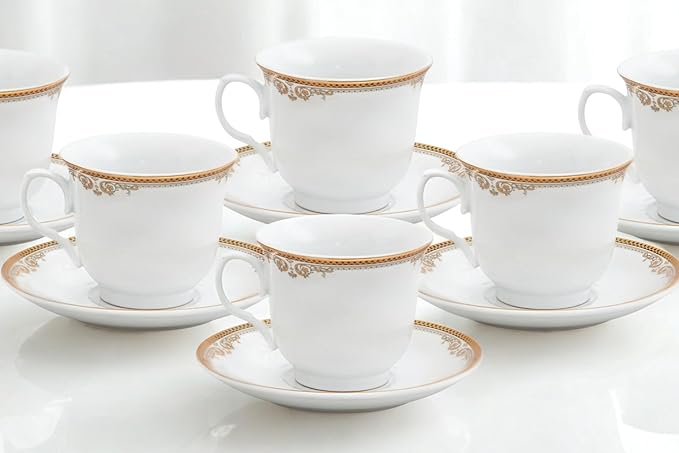 Porcelain Tea Set, 12 Piece - Elegant White with Gold Floral Edge Design - 5.5 Inch Saucers, 6.5 oz Cups - For Adults Tea Party or Everyday Dinnerware (Floral Gold)